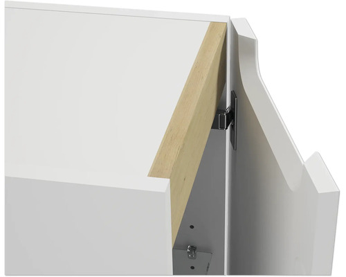 Vue detaillee d une charniere sur un meuble blanc avec un element en bois.