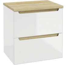 Meuble sous-vasque blanc avec deux tiroirs et un plateau supérieur en bois.