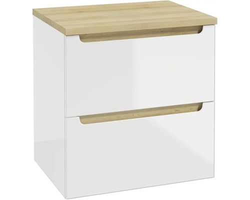 Meuble sous-vasque blanc avec deux tiroirs et un plateau supérieur en bois.