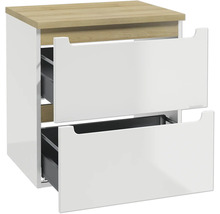 Meuble sous-vasque suspendu en blanc avec plateau d'aspect bois et deux tiroirs ouverts.
