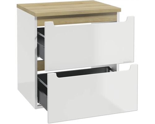 Meuble sous-vasque suspendu en blanc avec plateau d'aspect bois et deux tiroirs ouverts.