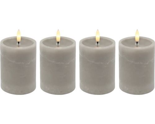 Set aus vier grauen LED-Stumpenkerzen mit realistischer Flammenoptik.