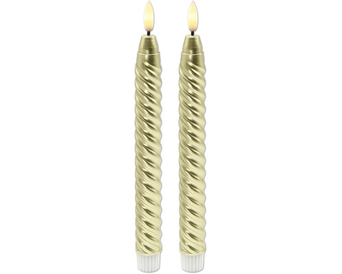 Zwei goldene LED-Stabkerzen in Spiralform mit leuchtender Flamme.