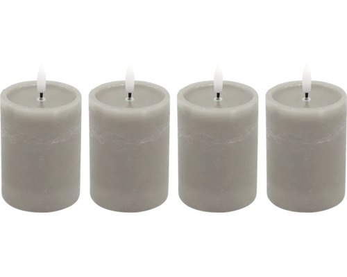 Set aus vier grauen LED-Stumpenkerzen aus Wachs.