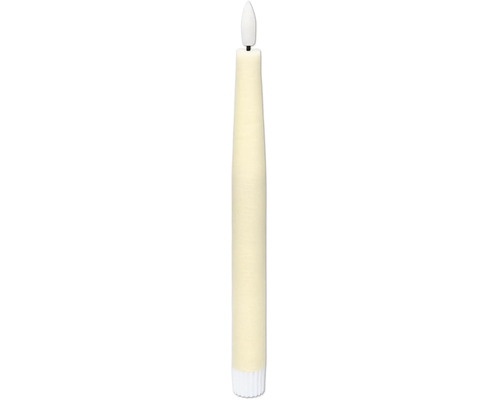 LED-Stabkerze mit flammenförmiger Spitze und geriffeltem Fuß.