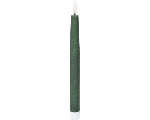 Grüne LED-Stabkerze mit weißer Flamme und weißem Sockel.
