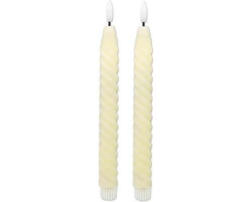 Zwei LED-Stabkerzen mit gedrehtem Design und LED-Flamme.