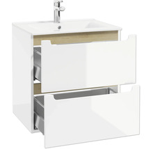 Meuble sous-vasque blanc brillant avec deux tiroirs ouverts, détails aspect bois, lavabo et mitigeur chromé.