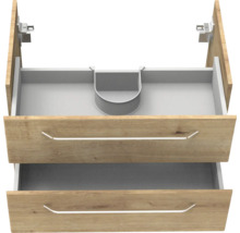 Waschbeckenunterschrank mit zwei Schubladen in Eichenoptik, obere Schublade mit Siphonausschnitt und Metallgriffen.