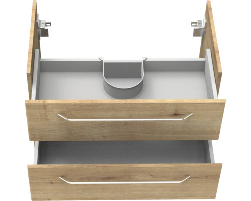 Waschbeckenunterschrank mit zwei Schubladen in Eichenoptik, obere Schublade mit Siphonausschnitt und Metallgriffen.