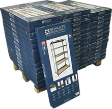 Schulte Regalwelt Steckregale flach verpackt auf einer Palette gestapelt.
