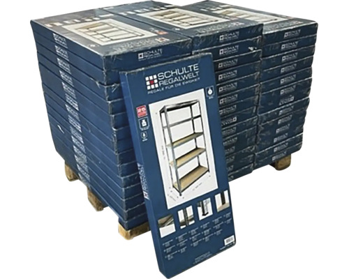 Schulte Regalwelt Steckregale flach verpackt auf einer Palette gestapelt.