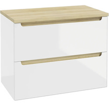 Meuble sous-vasque blanc brillant avec deux tiroirs, plateau supérieur et poignées encastrées en aspect bois clair.