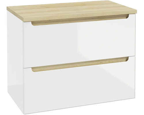 Meuble sous-vasque blanc brillant avec deux tiroirs, plateau supérieur et poignées encastrées en aspect bois clair.