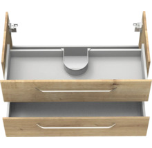 Waschbeckenunterschrank mit zwei Schubladen, oberer Auszug mit Siphonausschnitt, Metallgriffe, Holzdekor.