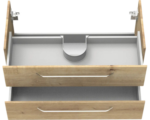 Waschbeckenunterschrank mit zwei Schubladen, oberer Auszug mit Siphonausschnitt, Metallgriffe, Holzdekor.