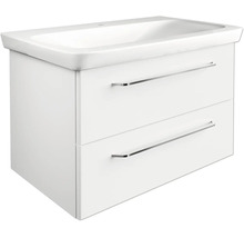 Meuble sous-lavabo blanc avec deux tiroirs et lavabo intégré.