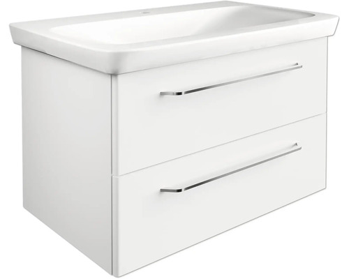 Meuble sous-lavabo blanc avec deux tiroirs et lavabo intégré.