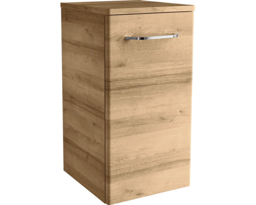Meuble bas de salle de bain aspect chêne avec une poignée en métal et des bords arrondis.