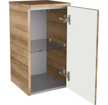 Badezimmerschrank an Eichenoptik mat opener wäisser Dier an engem Glasbuedem.