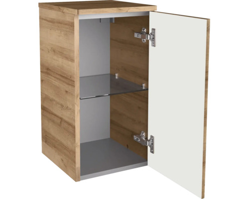 Badezimmerschrank an Eichenoptik mat opener wäisser Dier an engem Glasbuedem.