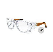 Lunettes de protection avec protections latérales, verres transparents et branches orange, cent pièces.