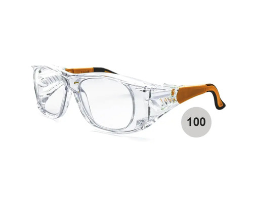 Lunettes de protection avec protections latérales, verres transparents et branches orange, cent pièces.