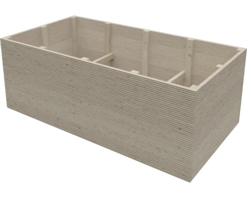 Rechteckiges Hochbeet aus Holz mit horizontaler Riffelung und Innenverstrebungen.