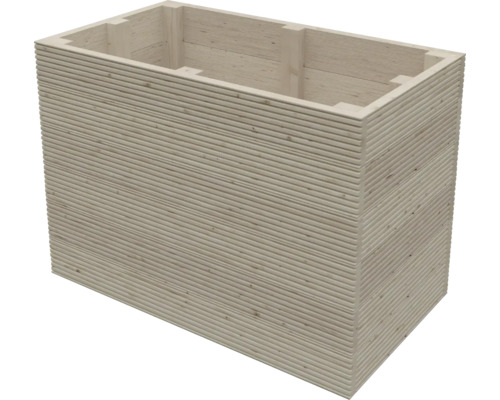 Rechteckiger Pflanzkasten aus Holz mit horizontal gerillter Oberfläche.