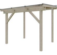 Holz-Einzelcarport mit Pultdach, vier Pfosten und stabilen Querstreben für den Außenbereich.