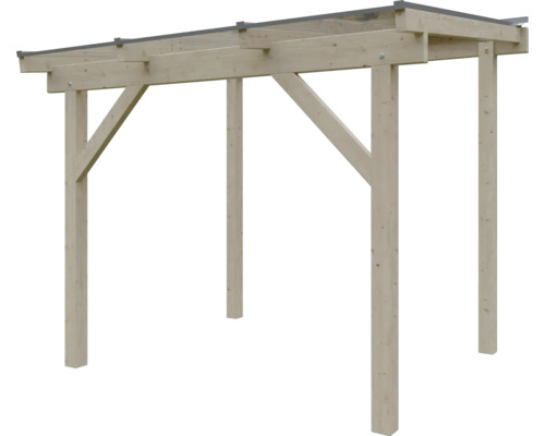 Holz-Einzelcarport mit Pultdach, vier Pfosten und stabilen Querstreben für den Außenbereich.