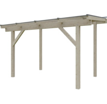 Freistehender Carport aus Holz mit Flachdach und Pfostenkonstruktion.