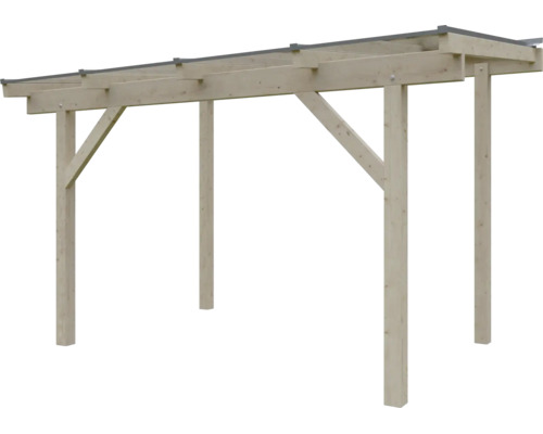 Freistehender Carport aus Holz mit Flachdach und Pfostenkonstruktion.