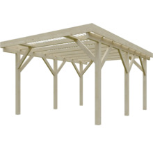 Freistehende Pergola aus Holz mit Flachdach und stabilen Pfosten.