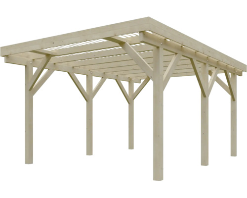 Freistehende Pergola aus Holz mit Flachdach und stabilen Pfosten.