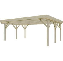 Freistehendes Doppelcarport aus hellem Holz mit Flachdach und sechs Pfosten inklusive Kopfbändern.