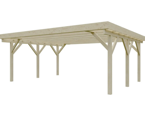 Freistehendes Doppelcarport aus hellem Holz mit Flachdach und sechs Pfosten inklusive Kopfbändern.
