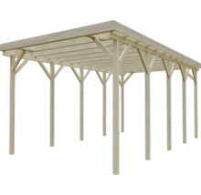 Freistehender Carport aus Holz mit Flachdach und Pfosten.
