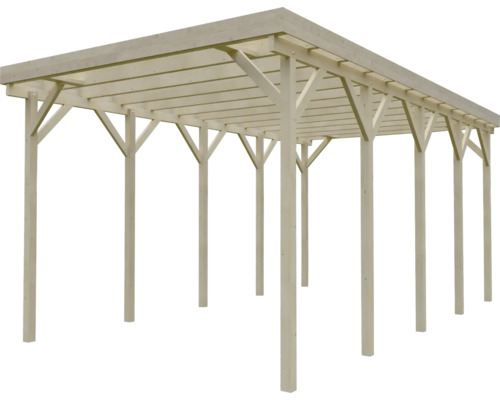 Freistehender Carport aus Holz mit Flachdach und Pfosten.