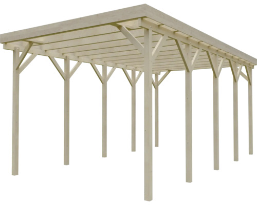 Carport double en bois avec toit plat et poteaux robustes.