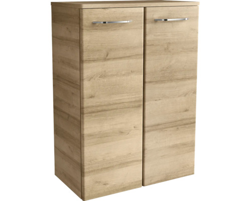 Armoire à deux portes en aspect bois avec poignées argentées.