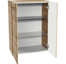 Badezimmerschrank in Eichenoptik mit weißen Türen, zwei Glaseinlegeböden und einer geöffneten Tür.