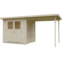 Abri de jardin en bois avec toit en pente, double porte avec fenêtres et auvent intégré.