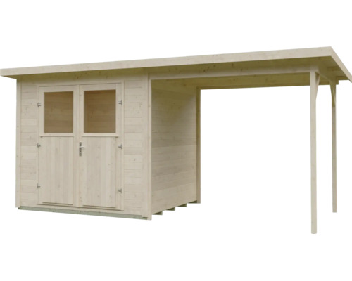 Abri de jardin en bois avec toit en pente, double porte avec fenêtres et auvent intégré.