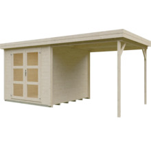 Abri de jardin en bois avec toit plat, double porte vitrée et auvent latéral.