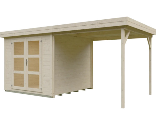 Abri de jardin en bois avec toit plat, double porte vitrée et auvent latéral.