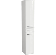 Weißer Badezimmer-Hochschrank in Hochglanz-Optik mit zwei Türen, einer Schublade und verchromten Griffen.