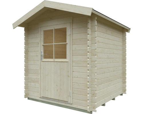 Abri de jardin en bois naturel avec toit à deux pans et porte simple vitrée.