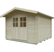 Abri de jardin en bois avec toit à deux pans et double porte vitrée.