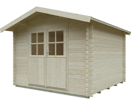 Abri de jardin en bois avec toit à deux pans et double porte vitrée.